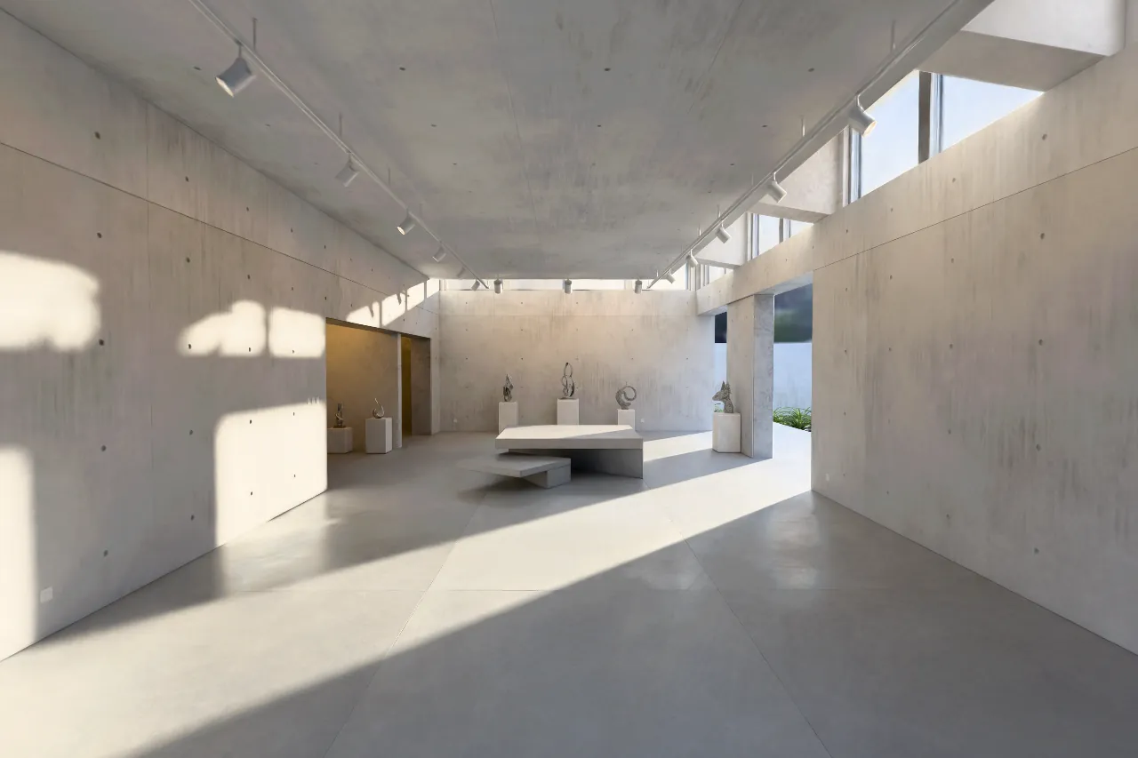 The Gallery: a concrete hall in afternoon sun