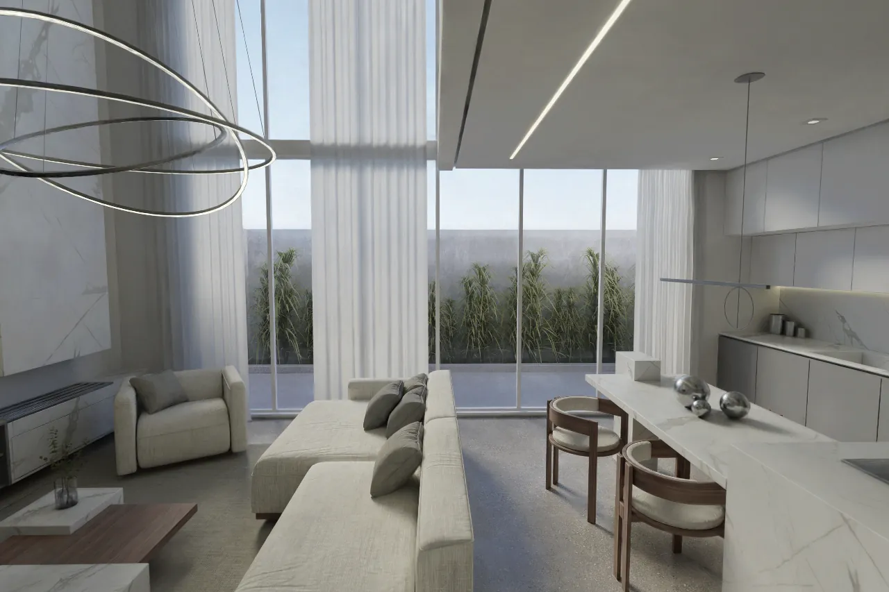The Loft: a living room with tall windows and a marble kitchen