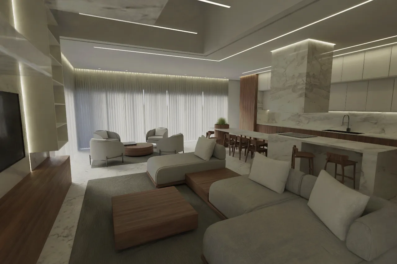 The Residence: a living room with a linen sofa and a marble wall in soft light
